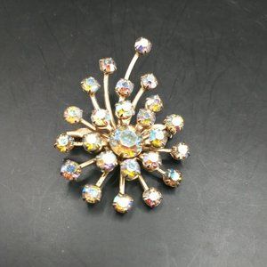 Vintage Aurora Borealis Brooch Rainbow Starburst on Gold tone setting B4